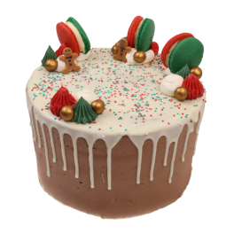 Layer cake Merry Christmas met macarons, gingerbread poppetjes, vanillecrème en witte chocoladedrip.