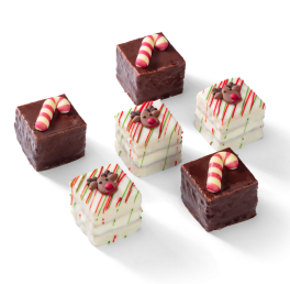 Petit fours Merry Christmas met vanille en chocolade, kerstdecoratie van rendier en zuurstok, personaliseerbaar met afbeelding.