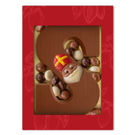 Chocoladeletter S traktatie van Belgische melkchocolade met chocoladepepernoten en Sinterklaasdecoratie in rode geschenkdoos Chocoladeletter S traktatie van Belgische melkchocolade met chocoladepepernoten en Sinterklaasdecoratie in rode geschenkdoos