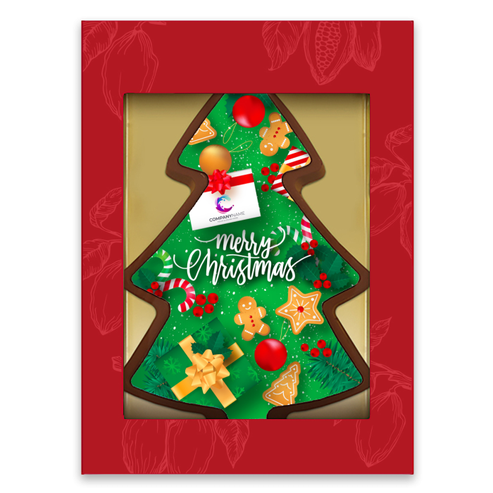 Chocolade Kerstboom van Belgische chocolade, kleurrijk bedrukt met Merry Christmas en personaliseerbaar met logo. Chocolade Kerstboom van Belgische chocolade, kleurrijk bedrukt met Merry Christmas en personaliseerbaar met logo.