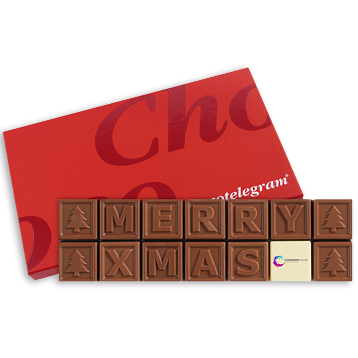 Chocolade Telegram Merry Christmas van Belgische chocolade, luxe rode verpakking en personaliseerbaar met logo.