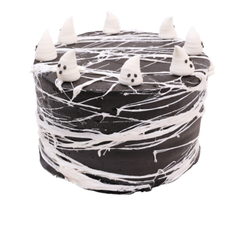 Halloween layer cake spookjes met zwart glazuur, witte webdecoratie en spookjes bovenop
