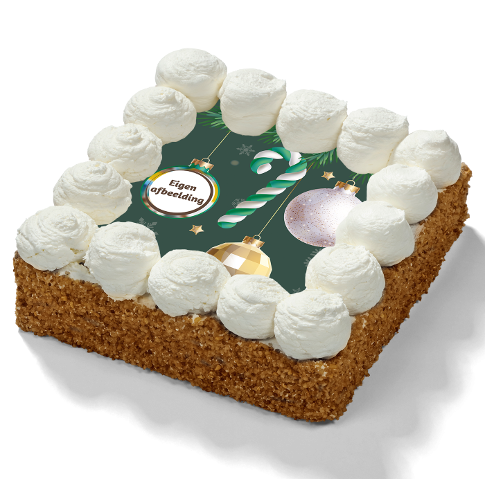 Kerst slagroomtaart met logo met slagroomtoefjes, nougatine rand en feestelijke kerstdecoratie. Kerst slagroomtaart met logo met slagroomtoefjes, nougatine rand en feestelijke kerstdecoratie.