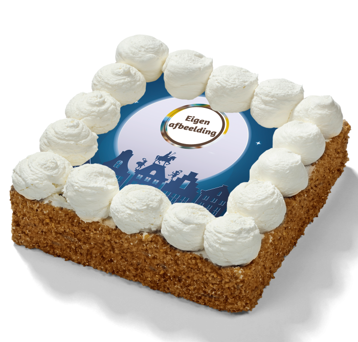 Sinterklaas slagroomtaart met slagroomtoefjes, nootrand en print met maan, daken en paard